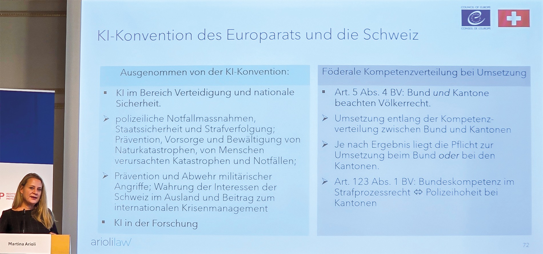 L’avocate Martina Arioli a souligné la complexité de la situation juridique actuelle concernant l’utilisation de l’IA par les forces de police suisses.