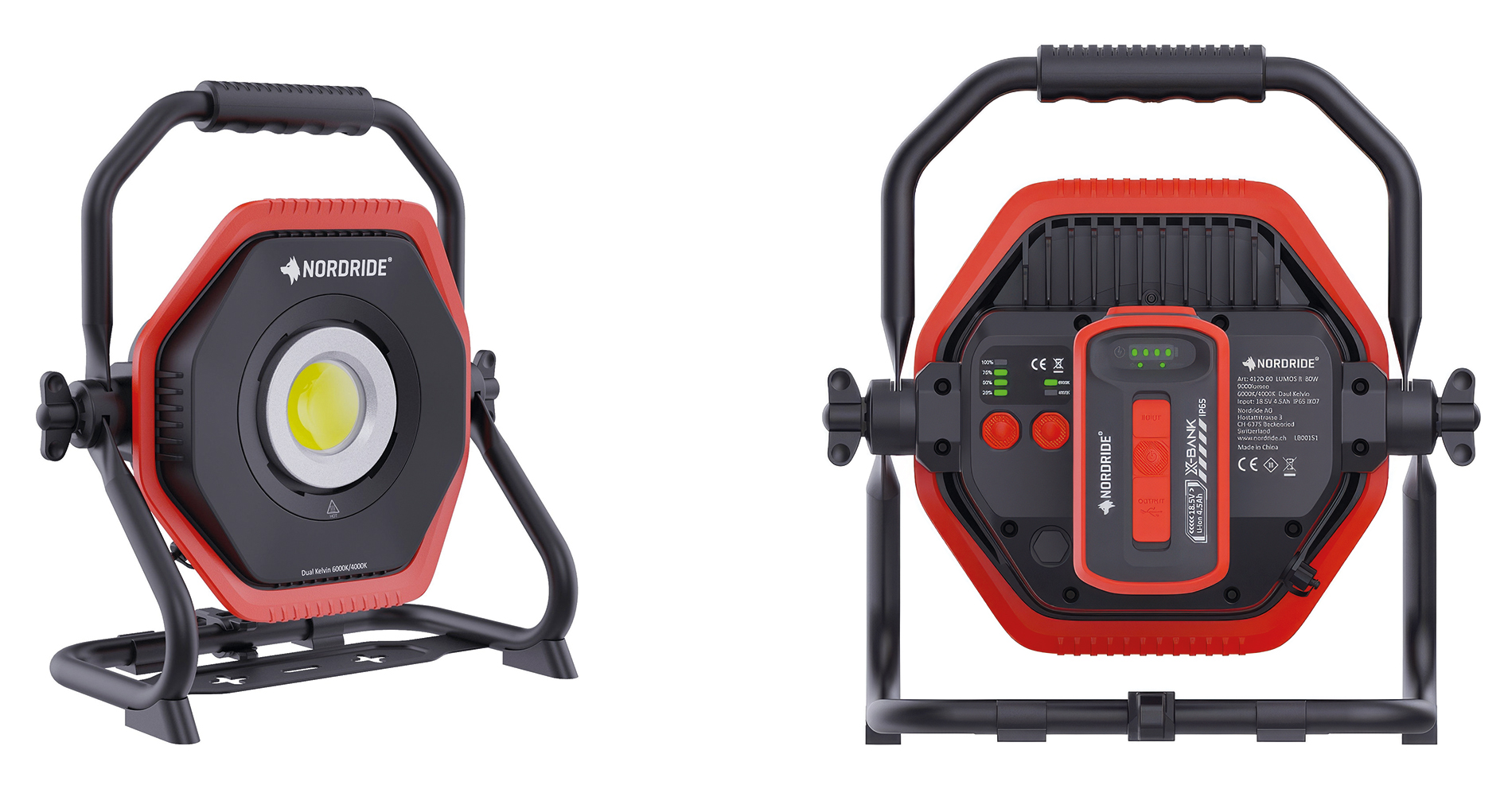 Tout comme plusieurs autres lampes mobiles, le projecteur haute puissance « LUMOS 80W R Dual Kelvin » peut fonctionner avec la nouvelle batterie « X-BANK IP65 ».