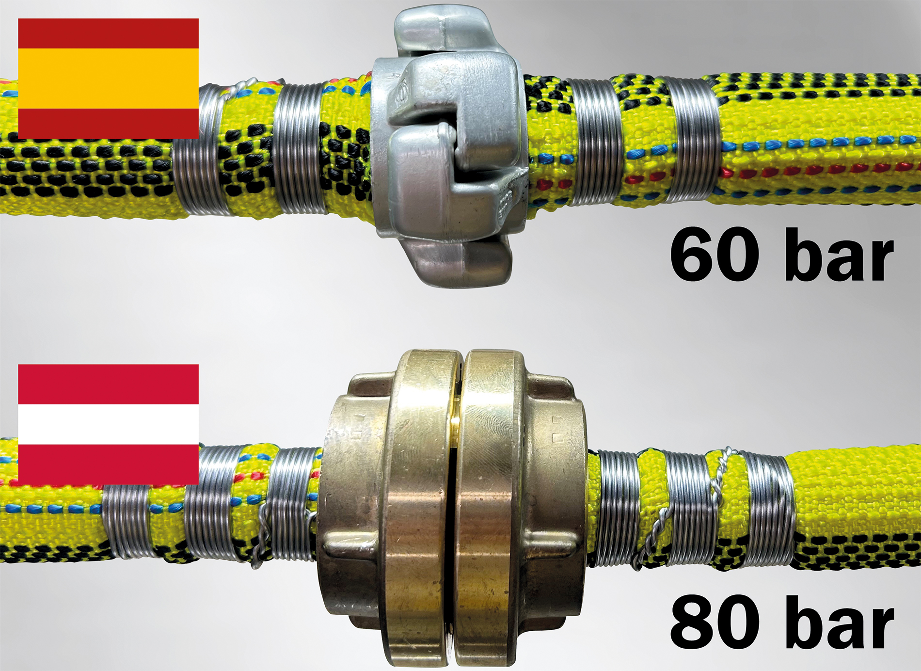 Tant le raccord « Barcelona » utilisé en Espagne (ci-dessus) que le raccord Storz H38  courant en Autriche (ici avec un embout de raccordement de 25 millimètres) sont moins sujets aux fuites à haute pression que le raccord Storz D25 actuellement utilisé.