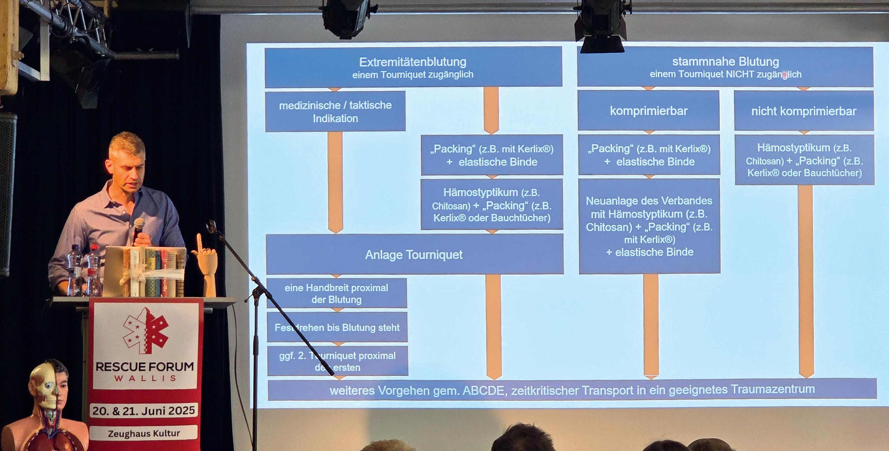 Le Prof. Dr en médecine Jürgen Knapp, médecin-chef à l’Inselspital de Berne, a montré comment arrêter correctement les hémorragies externes importantes et a expliqué