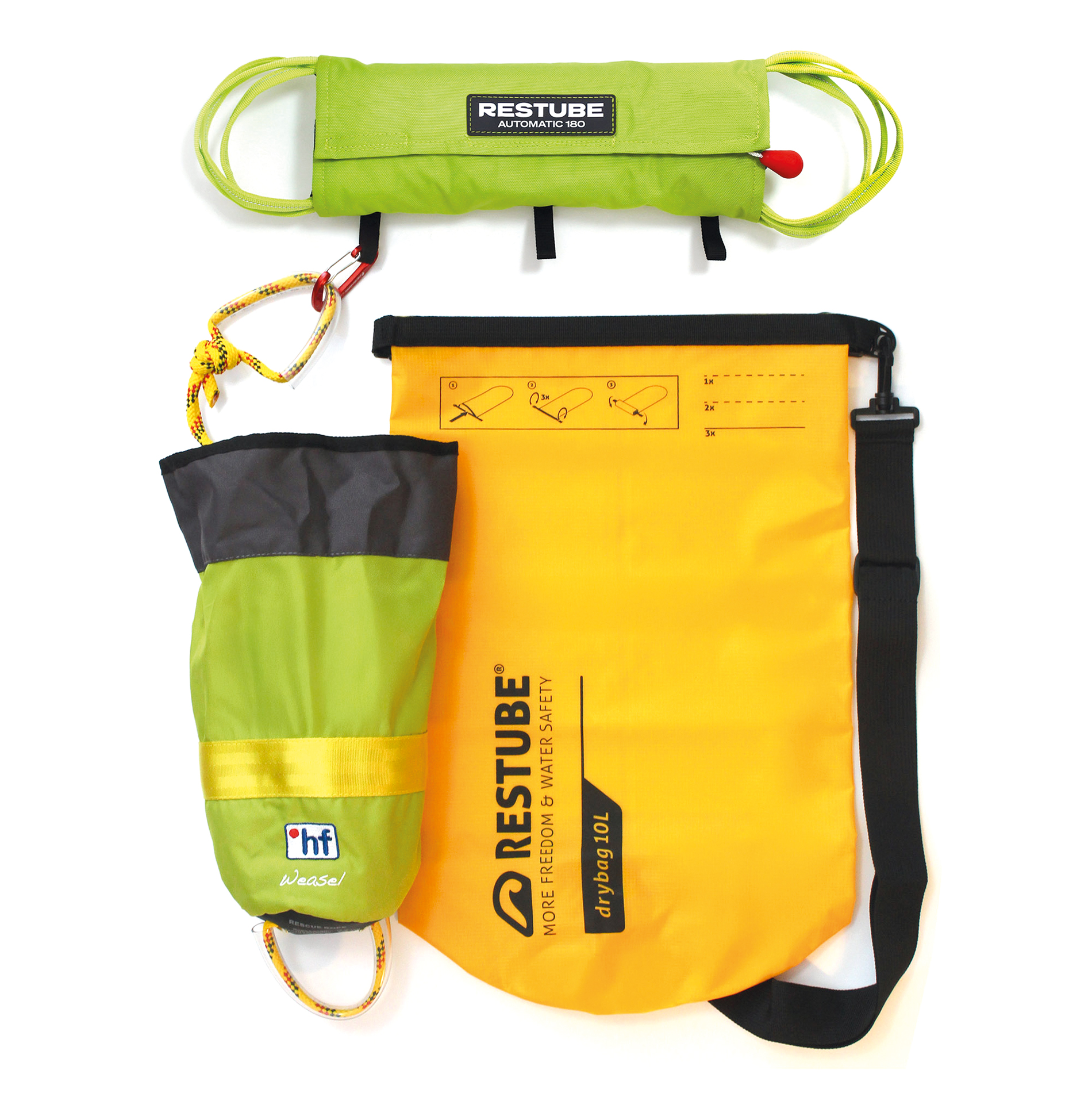 Optional ist das «RESTUBE AUTOMATIC 180» auch als Bundle mit einem «°hf Weasel»-Wurfsack und schwimmfähiger 18-Meter-Leine erhältlich.