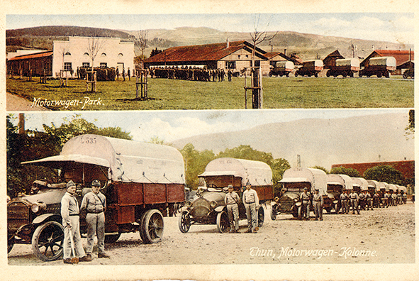 » Le parc de stationnement des véhicules motorisés et la troupe motorisée en 1934.